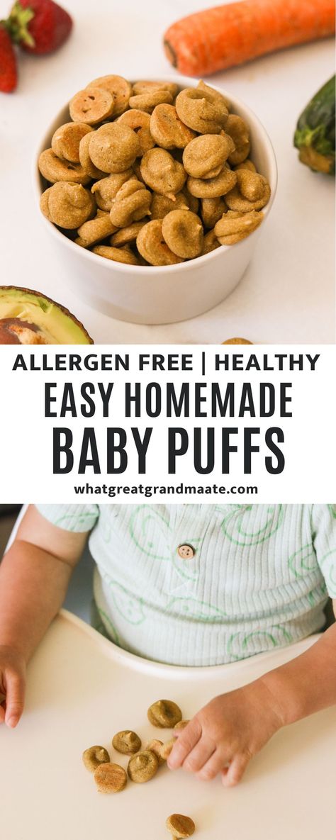 Homemade baby puffs are a great gluten-free and dairy-free baby finger food that can also be made egg free. These healthy baby snacks melt in your mouth and are a great mess-free option for children over 6 months! #babyledweaning #blw #startingsolids #babyfood Healthy Baby Snacks, Homemade Baby Puffs, Homemade Baby Snacks, Baby Puffs, Easy Baby Food Recipes, Baby Led Weaning Recipes, Healthy Baby Food, Puff Recipe, Weaning Recipes