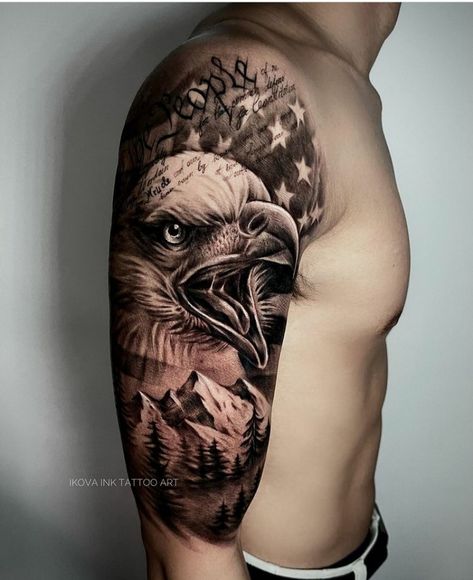 33 Remarkable Eagle Tattoo Ideas - The XO Factor We The People Eagle Tattoo, Patriotic Half Sleeve Tattoos For Men, Bald Eagle American Flag Tattoo, Eagle In Flight Tattoo, American Flag Chest Tattoo, American Sleeve Tattoo Men, Army Eagle Tattoo, Eagle And American Flag Tattoo, Patriotic Sleeve Tattoo For Women