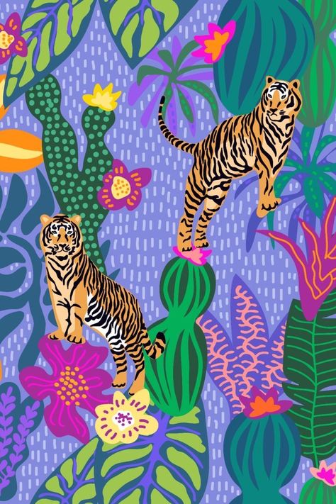 Tiger Standing, Water Tiger, Eclectic Paintings, Wallpaper Graphic, Eclectic Wallpaper, Year Of The Tiger, Graphic Wallpaper, Arte Inspo, Wallpaper Art