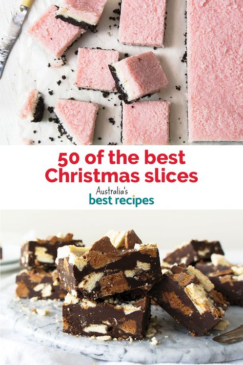 Get into the festive season with these homemade Christmas slices. Choose from mint slices, jelly slices, no-bake slices and plenty more. Christmas Slices, Aussie Recipes, Christmas Baking Easy, Jelly Slice, Christmas Food Crafts, Mint Slice, No Bake Slices, Aussie Food, Xmas Treats