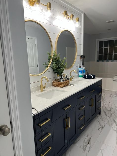 Bathroom Design Navy Vanity, Navy Blue Master Bath Cabinets, Bathroom Cabinet Navy, Blue And Gold Master Bath, Navy And Gold Master Bath, Bathrooms With Navy Cabinets, Bathroom Remodel Navy Vanity, Bathroom With Navy Accents, Bathroom Remodel Blue Vanity