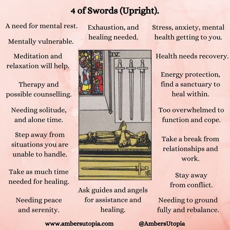 4 of Swords in upright position. These are the meanings are this tarot card from the suit of swords.

#tarot #fourofswords #4ofswords Tarot 4 Of Swords, Suit Of Swords Tarot, 4 Of Swords Tarot Meaning, Four Of Swords Tarot Meaning, 6 Of Swords Tarot Meaning, Four Of Swords Tarot, 4 Of Swords, Suit Of Swords, Four Of Swords