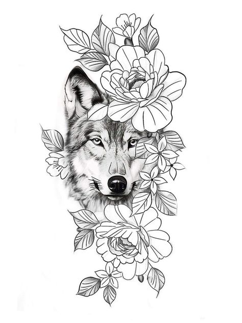 Floral Animal Tattoo Design, Dog Tattoo Flowers, Wolf And Roses Tattoo, Wolf And Flowers Tattoo, Wolf With Flowers Tattoo, Wolf Tattoo Ideas For Women, Tattoo Bein Frau, Wolf Tattoos For Women, Thigh Tat