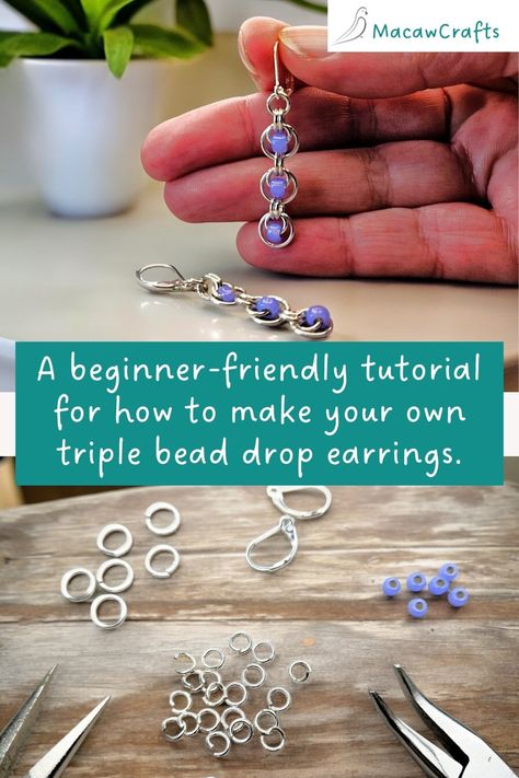 How to Make Triple bead Drop Earrings with Seed Beads and Jump Rings Earring Making For Beginners, Jewellery Making Earrings, Bead Drop Earrings Diy, Beaded Jewellery Tutorial, Beading Tutorials Beginner, Earring Making Ideas Diy Jewelry, Seed Bead Patterns Earrings, Easy Jewelry Making Ideas Step By Step, Making Earrings With Beads