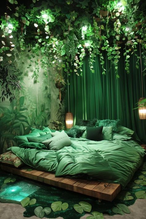 Green Zen Room, Boho Relaxing Room, Bedroom Wall Plants, Blue Green Aesthetic Room, Things That Are Green, Green Princess Room, Room Ideas Green And Pink, Nature Aesthetic Home Decor, Rainforest Room Ideas