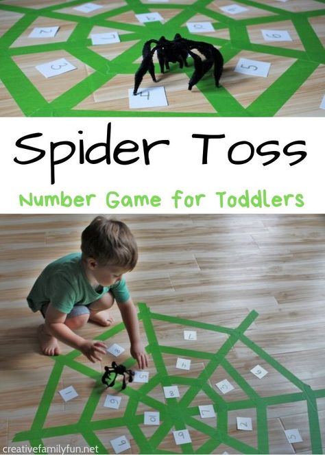 Spider Toss Number Game for Toddlers - Creative Family Fun Bug Games For Kids, Bats And Spiders Preschool Theme, Spider Activities For Toddlers, Spider Preschool Activities, Number Games For Preschool, Numbers Games For Kids, Spider Activities For Preschool, Number Activities For Toddlers, Preschool Spiders