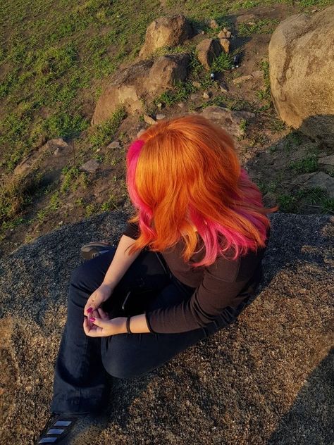 Ginger Hair With Pink Underneath, Pink Ginger Hair, Pink And Ginger Hair, Ginger And Pink Hair, Orange And Pink Hair, Orange Pink Hair, Pink Orange Hair, Bright Orange Hair, Ginger Hair Dyed