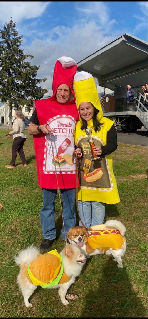 Dog Costumes Matching Owner, Couple And 2 Dogs Costume, Couple And Two Dogs Halloween Costume, Duo Dog Halloween Costumes, Dog Duo Costumes, Costumes With Dogs And Owner, Matching Pet Costumes, Matching Dog Costumes, Dog And Human Halloween Costumes