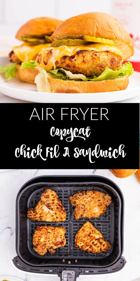 Air Fryer Copycat Chick Fil A Sandwich is juicy chicken that is super crispy in every bite. It is a delicious sandwich that tastes just like the real thing but made in your own kitchen. Chicken Air Fryer Sandwich, Copycat Chick Fil A Sandwich, Air Fryer Chicken Sandwich, Chick Fil A Sandwich, New Air Fryer Recipes, Air Fryer Recipes Snacks, Dinner Recipes With Ground Beef, Copycat Chick Fil A, Recipes With Ground Beef