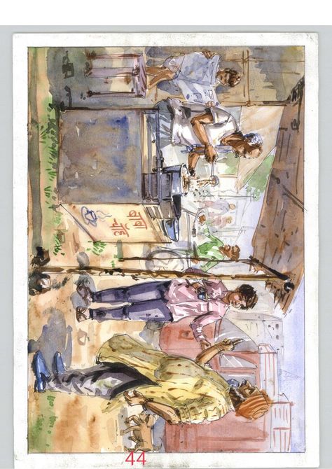 Water Colour Memory Drawing, Composition Figure Drawing, Memory Drawing Figures, Watercolour Human Figures, Watercolor Memory Drawing, Subject Drawing Watercolor Painting, Market Scene Composition, Tea Stall Painting, Human Composition Painting Watercolour