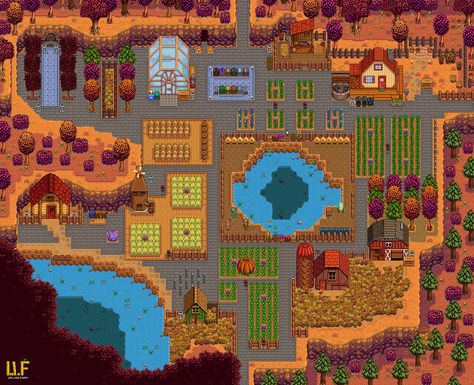 Stardew Valley - Wilderness Farm | A full view of my farm in Fall > farm layout design | LadyAmalthea Stardew Wilderness Farm, Wilderness Farm Layout Stardew, Wilderness Farm Stardew Valley, Stardew Valley Wilderness Farm, Stardew Valley Wilderness Farm Layout, Wilderness Farm Layout, Forest Layout, Farm Layouts, Stardew Farm