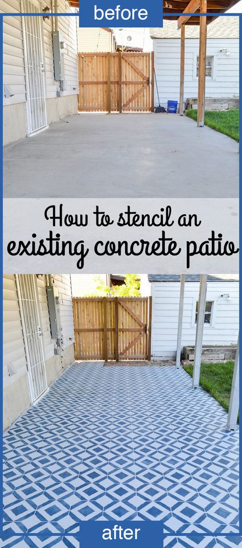 How To Stencil an Existing Concrete Patio | Plaid & Paleo Stenciling Concrete Patio, Cement Patio Ideas Diy, How To Stencil Concrete Patio, Cement Stencil Patio, Patio Stencil Concrete Diy, Patio Stencil Ideas, How To Paint Concrete Patio, Painting Cement Patio, Stenciled Concrete Floor Patio