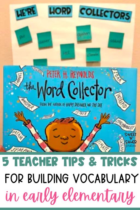 If you have been trying to find some new teacher tips and tricks on building vocabulary, you have come to the right place. I am sharing my 5 teacher tips for building vocabulary activities. These vocabulary activities for elementary are easy to implement during literacy small group, morning work, and literacy centers. All you need to do is build word walls in the classroom or anchor chart display wall, early elementary read alouds, rich conversations, and more! Vocabulary Walls In The Classroom, Classroom Vocabulary Wall, Vocabulary Bulletin Boards Elementary, Vocabulary Wall Ideas Classroom, 2nd Grade Vocabulary Activities, The Word Collector Activities, Word Building Folder, Vocabulary First Grade, Elementary Read Alouds