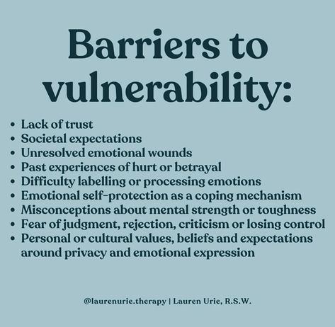 Barriers to vulnerability include fear of judgment, rejection, and emotional pain; cultural and societal norms discouraging openness; past experiences of betrayal or trauma; lack of trust in others; and internalized beliefs about self-worth and independence. These obstacles hinder individuals from sharing their true selves and seeking authentic connections. #vulnerability #vulnerable #fearofjudgement #rejection #emotionalpain #betrayal #trauma #lackoftrust #selfworth #openup #speakup #breakth... Vulnerability In Relationships, Fear Of Vulnerability, Emotional Vulnerability, Societal Norms, Celebrate Recovery, Improve Communication Skills, People Skills, Self Exploration, Herbal Magic