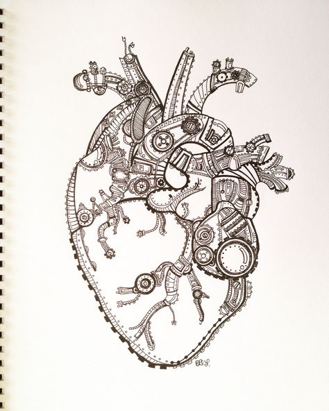 Title: Mechanical Heart / Fine Art, Pen&Ink on paper Mechanical Heart Art, Heart Engine Tattoo, Mechanical Heart Drawing, Mechanical Engineering Tattoo, Mechanical Heart Tattoo, Steampunk Pottery, Mechanical Sketch, Circuit Tattoo, Music Art Drawing