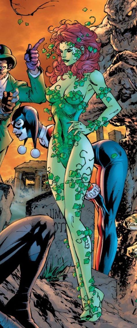 Comic Book Poison Ivy, Poison Ivy Green Skin, Dc Women Villains, Poison Ivy Art Illustration, Green Ivy Villain, Poison Ivy Artwork, Poison Ivy Pinup, Posion Ivy Pfps, Halloween Costumes Women Poison Ivy