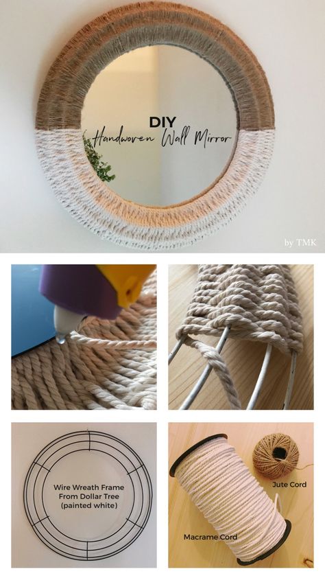 Diy Boho Mirror Ideas, Jute Mirror Diy, Diy Boho Rug, Rope Crafts Diy Decor, Rope Wall Decor Diy, Diy Boho Decor Bedroom Projects, Poster Room Decor Ideas, Diy Boho Wreath, Boho Mirror Diy