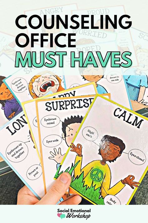 Your School Counseling Office Must Haves! Here is the ultimate list of school counseling office decor, posts, games, supplies and more to have your totally outfitted to support students. Elementary School Counselor Office, Counseling Office Design, School Counseling Office Decor, Social Work Activities, Office Must Haves, School Counselor Lessons, Social Emotional Curriculum, Social Work Offices, Middle School Counselor