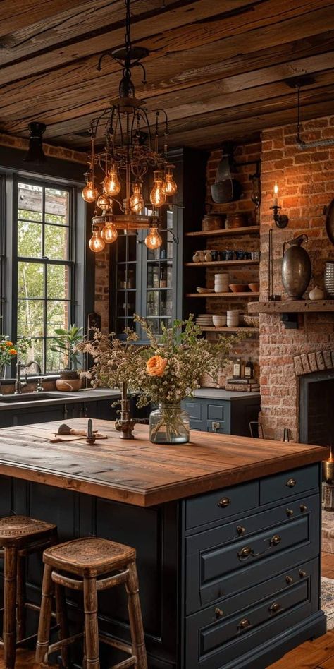 Black Wood And Copper Kitchen, Moody Kitchen Lighting, Moody Decor Kitchen, Dark Farmhouse Interior Design, Rustic Kitchen Islands Ideas, Dark Country Aesthetic Home, Rustic Moody Kitchen, Dark Farmhouse Aesthetic, Dark Moody Kitchen Ideas