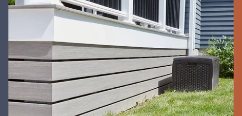 Deck Trim Ideas, Composite Deck Skirting, Deck Skirting Ideas, Deck Fascia, Porch Trim, Skirting Ideas, Deck Patterns, House Skirting, Grey Deck