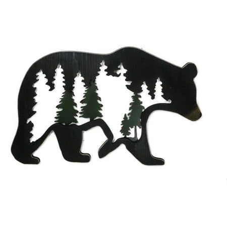 This Black Bear Silhouette Cutout Wall Decor is made of MDF wood, hand painted and polished individually.  This Black Bear Silhouette Cutout measures 12.25" tall, 19.75" wide and 0.5" thick approximately. It weighs about 1 pound.  Bears have long held human interest, as they symbolize both the seemingly contradictory qualities of primal power and nurturance. Our collection of bear sculptures and statues includes the black bears, grizzly bears, brown bears and polar bears that roam the wilds of N Black Bear Silhouette, Silhouette Animals, Htv Ideas, Forest Silhouette, Grizzly Bears, Memory Boxes, Pine Trees Forest, Human Interest, Bear Sculptures