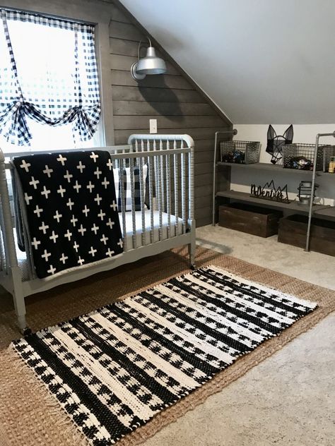 Attic Nursery Sloped Ceiling, Farmhouse Nursery Decor, Vintage Crib, Nursery Reveal, Farmhouse Nursery, Small Attic, Slanted Ceiling, Black Bedroom Furniture, Attic Room