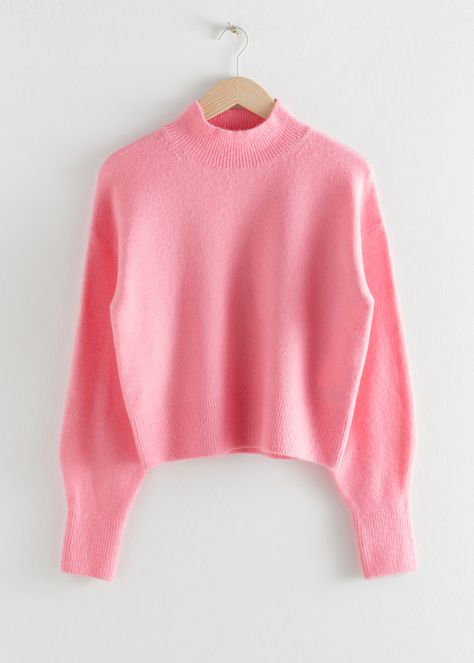 Bright Pink Sweater, Trouser Outfits, Sweater Womens, Fashion Story, Cool Sweaters, Mock Neck Sweater, High Waisted Trousers, Cut Jeans, Pink Sweater