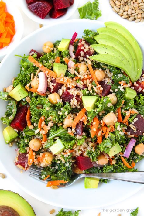 Kale Superfood Power Salad (Vegan!) - The Garden Grazer Wfpbno Recipes, Southwestern Chopped Salad, Garden Grazer, Vegetarian Ideas, Power Salad, Superfood Salad, Packed Lunches, Planning Board, Kale And Spinach