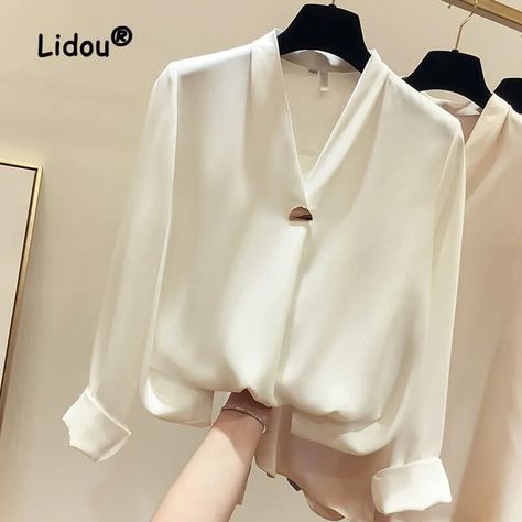 Korean Office, Simple Blouse, Loose Shirt, Sleeves Clothing, Solid Color Shirt, Loose Shirts, Chiffon Shirt, New Classic, Blouse Styles