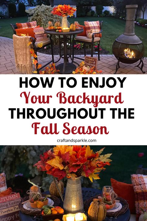 Patio Table Fall Decor, Outdoor Fall Table Decor Ideas, Simple Fall Patio Decor, Fall Backyard Decorating Ideas, Backyard Fall Decorating Ideas, Fall Outdoor Seating Area, Back Deck Fall Decor, Cozy Fall Backyard, Fall Back Deck Decorating Ideas