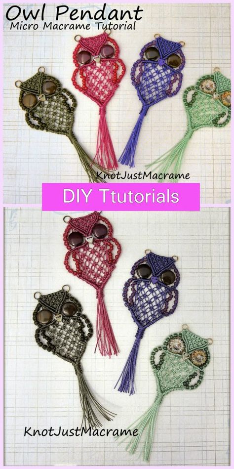 DIY Retro Micro Macrame Owl Pendant Tutorial Micro Knitting, Diy Macrame Owl Tutorials, Macrame Owl Tutorial Easy, Owl Macrame Tutorial, Macrame Owl Tutorial, Free Macrame Owl Tutorial, Macrame Owl Keychain, Owl Tutorial, Art Macramé