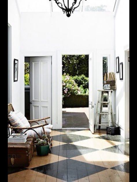 Painted Foyer Floor really helps open up the space, and invite you into this Minimalist Country Home. Painted Wood Floors, Painted Floor, Stenciled Floor, Bad Idea, Home Goods Decor, Painted Floors, A Living Room, Floor Design, Painted Wood