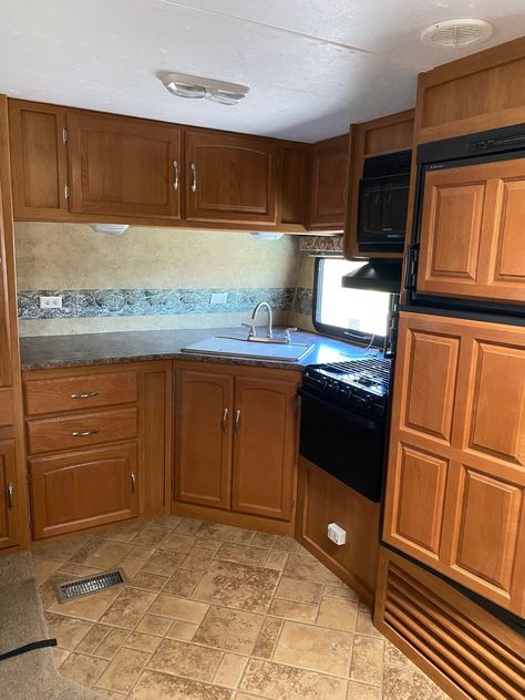 RV Before & After: The Big Interior Reveal — By Angela Rv Inspiration, Rv Interior Remodel, Dark Brown Cabinets, Mobile Home Renovations, Rv Renovation, Update Cabinets, Diy Camper Remodel, Dark Wood Cabinets, Brown Cabinets