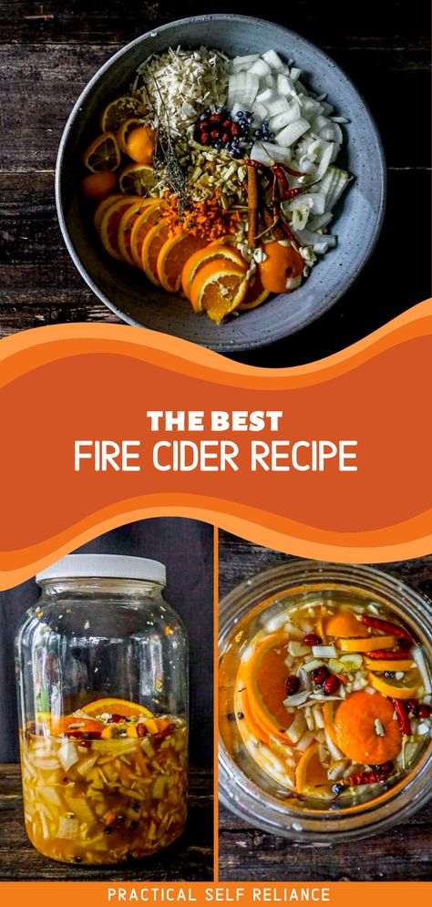 The Best Fire Cider Recipe: - Making fire cider for its immune system benefits is easy and the perfect way to use up a bottle of apple cider vinegar. Rosemary Gladstar, the creator of the fire cider recipe has perfected how to make fire cider at home. Learn how to make fire cider this winter! Pomegranate Fire Cider, Fire Water Recipe, Fireside Cider, Medication Cabinet, Fire Cider Benefits, Herbalism Recipes, Healthy 2024, Cider Recipes, Fire Cider Recipe