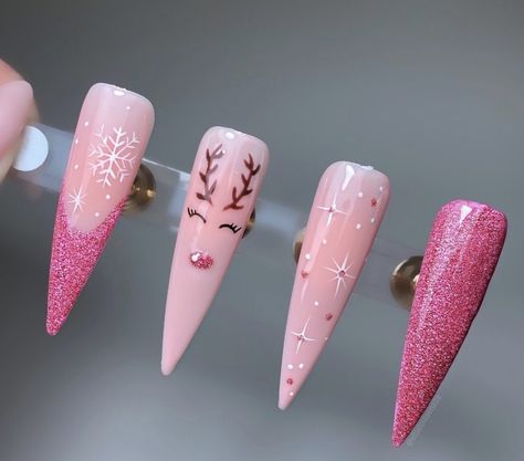 Pink Stiletto Christmas Nails, Reindeer Nail Art, Pink Reindeer, Stilleto Nails Designs, Press Nails, Luxury Press On Nails, Long Acrylic Nail Designs, Winter Nail Designs, Pink Acrylic