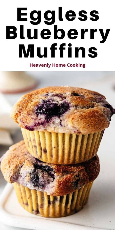 Once you've tried these eggless blueberry muffins, you will never go back to using eggs in your muffins again! They are tender, moist, and have double the blueberry flavor. Perfect for breakfast, brunch, and even dessert. Get the easy recipe and step-by-step instructions at Heavenly Home Cooking. Eggless Blueberry Muffins, Bisquick Muffins, Egg Free Muffins, Berry Muffin Recipe, Pub Salad, Blueberry Yogurt Muffins, Easy Blueberry Muffins, Banana Blueberry Muffins, Berry Muffins