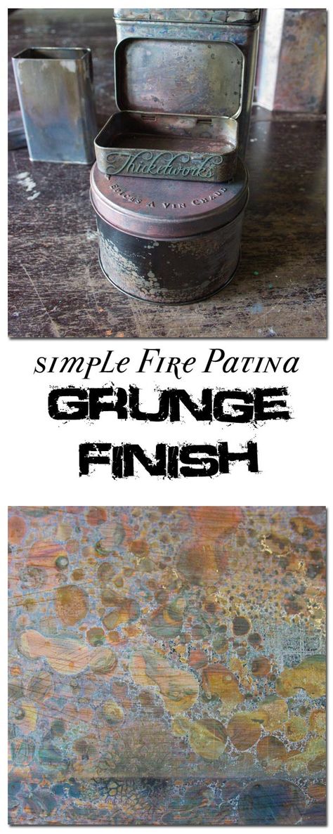 Fire Pit Patina | Thicketworks Patina Diy, Metal Art Techniques, Metal Patina, Altered Tins, Altered Boxes, Paint Techniques, Paint Effects, Faux Finish, Jewelry Techniques