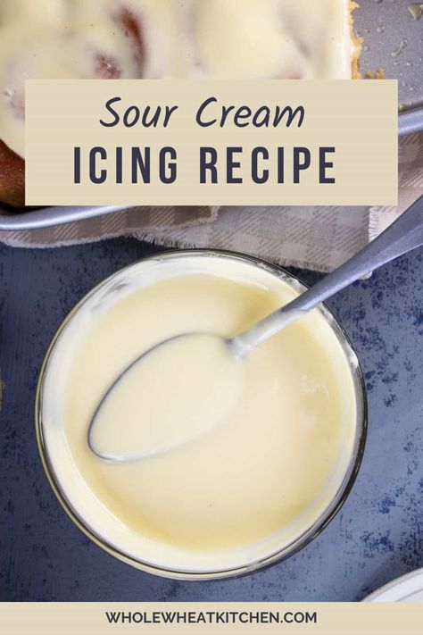 This sour cream icing recipe is so easy to make. You only need a few simple ingredients and you can whip it up in less than 5 minutes. It is a great icing for Bundt cakes, cinnamon rolls, muffins, quick breads and more. Sour Cream Icing Recipe, Nothing Bundt Cake Icing Recipe, Cream Icing Recipe, Sour Cream Icing, Cinnamon Roll Frosting, Easy Icing, Cinnamon Roll Recipe Homemade, Cream Icing, Nothing Bundt Cakes