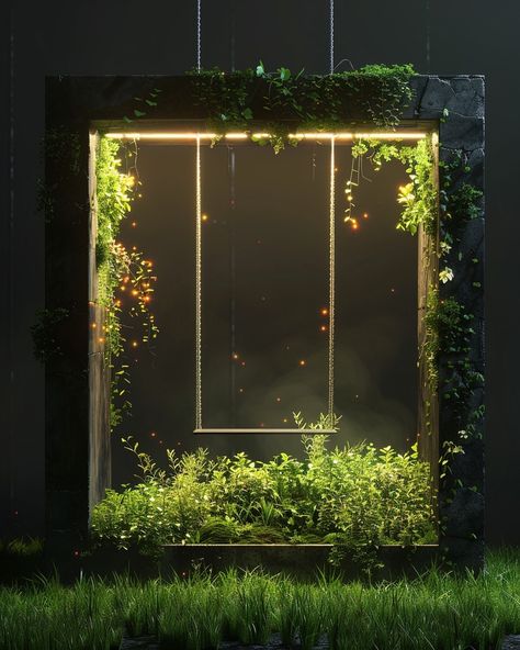 Magical or creepy?⁠ ⁠ ⁠ An open square box with plants and moss on the sides, inside there is an illuminated swing hanging from above, illuminated plants, grassy ground, volumetric light, dark background, rendered in the style of octane, hyper realistic. --ar 35:44 --v 6.0⁠ ⁠ ⁠ ⁠ ⁠ #thisisnotreal#aiphoto #aiphotography #promptphotography #artist #artistsoninstagram #photography #digitalart #art #scifiartwork #dnd5e #dystopian #fantasy #surreal #ethereal #magical #foliage Nature Art Installation, Fantasy Installation, Fantasy Decorations, Fantasy Lighting, Nature Installation, Photo Studio Design, Scifi Artwork, Photography Studio Setup, Set Design Theatre