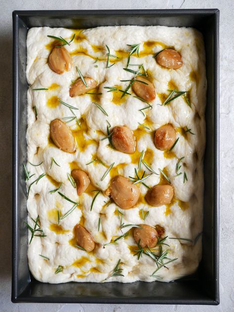 Wild Garlic Confit & Rosemary Focaccia Wild Garlic Confit & Rosemary Focaccia, Garlic Confit Focaccia, Roasted Garlic Foccacia, All Carb Diet, Rosemary Foccacia, Focaccia Recipes, Sugar Showpiece, Herb Focaccia, Cookbook Inspiration