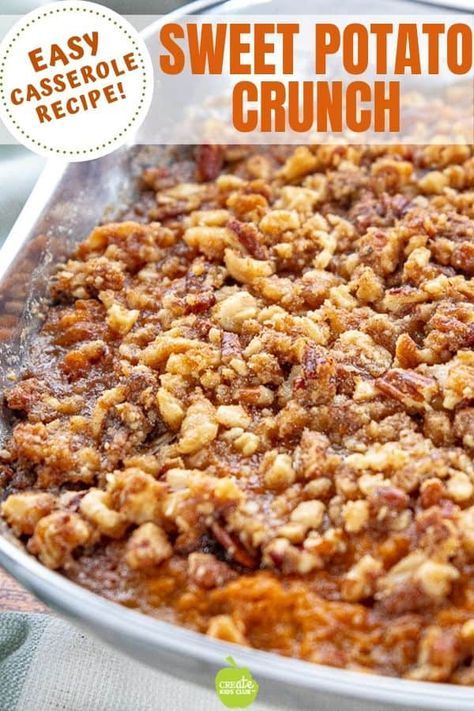 Sweet Potato Crunch Casserole is a traditional midwest recipe. This easy Sweet potato casserole uses canned yams or canned sweet potatoes and pecans.  This healthy version can be made ahead of time and cooked later.  #sweetpotatocasserole #sweetpotatocrunch #sweetpotatocrunchrecipe #sweetpotatorecipe #easysweetpotatocrunch #cannedsweetpotato #easythanksgivingsidedish #sweetpotatocrunchcasserole #createkidsclub Sweet Potato Crunch Casserole, Canned Sweet Potatoes, Canned Sweet Potato Recipes, Sweet Potato Crunch, Easy Sweet Potato Casserole, Canned Yams, Sweet Potato Casserole Easy, Easy Sweet Potato, Sweet Potato Souffle