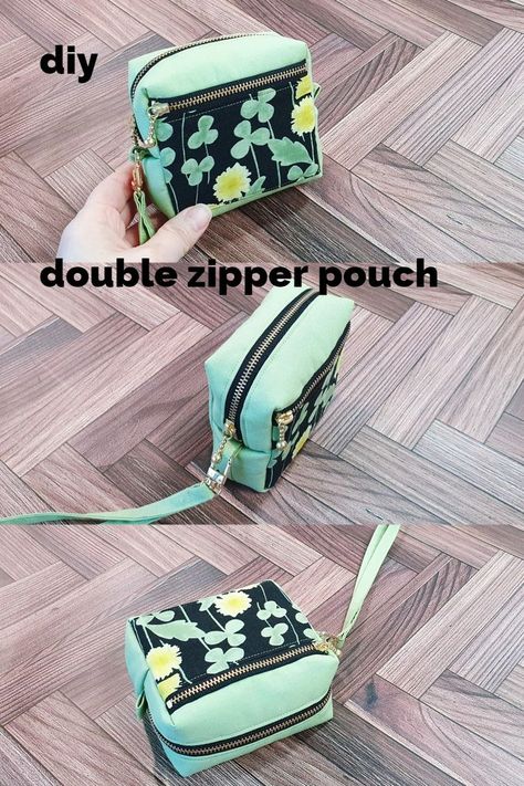 DIY Double zipper mini pouch / free pattern / sewing tutorial [Tendersmile Handmade] Diy School Bag, Travel Pouch Diy, Tendersmile Handmade, Mini Bag Pattern, Diy Shoulder Bag, Sewing Handbag, Cute Crossbody Bags, Pouch Diy, Pouch Sewing