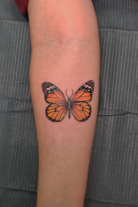 Monarch Butterfly Arm Tattoo, Gold Butterfly Tattoo, Butterfly Tattoo In Color, Black And Yellow Butterfly Tattoo, Tattoo Color Mujer, Butterfly Tattoo Over Scar, Butterfly Tattoo Colorful, Butterfly Tattoo With Color, Butterfly Tattoo Realistic