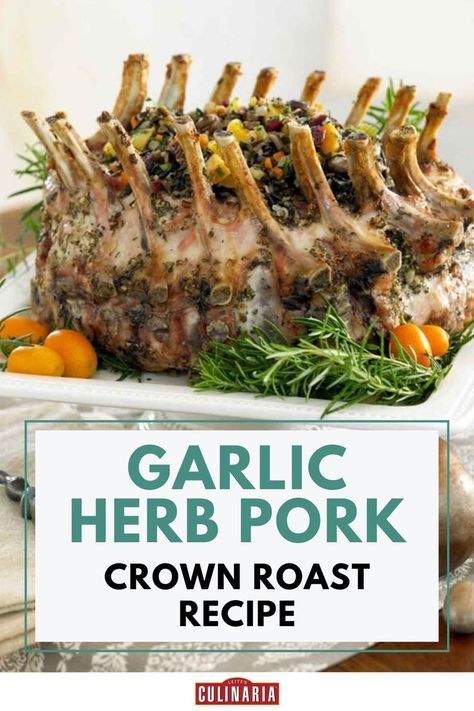 A garlic and herb-rubbed crown roast of pork stuffed with wild rice and vegetables, garnished with rosemary. Pork Crown Roast Recipe, Crown Pork Roast Recipes, Crown Roast Recipe, Pork Crown Roast, Crown Roast Of Pork, Crown Roast, Pork Roast Recipes, Elegant Centerpiece, Special Occasion Food