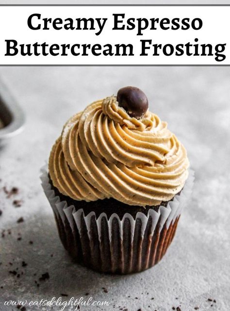 Espresso buttercream frosting piped onto chocolate espresso cupcake with chocolate covered coffee bean on top Coffee Icing Recipe, Espresso Frosting Recipe, Espresso Coffee Recipes, Espresso Buttercream Frosting, Coffee Frosting Recipe, Espresso Frosting, Coffee Frosting, Espresso Buttercream, Espresso Cupcakes