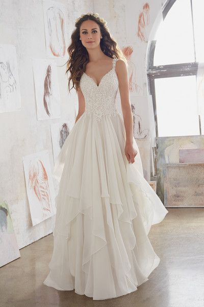 Vintage wedding dress idea - A-line gown with lace appliqués and chiffon skirt. Style 5512 by @morileewedding. Chiffon Wedding Dress Beach, Aline Wedding Dress, Wedding Dresses Photos, Lace Chiffon, A Wedding Dress, Styl Boho, Best Wedding Dresses, Long Wedding Dresses, Perfect Wedding Dress