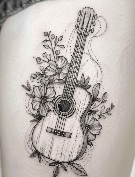 Guitar With Music Notes Tattoo, Music And Flower Tattoo, Cute Forearm Tattoos For Women, Ukulele Tattoo, Music Notes Tattoo, Guitar Tattoo, Note Tattoo, Forearm Tattoo Women, Tattoo Sleeve