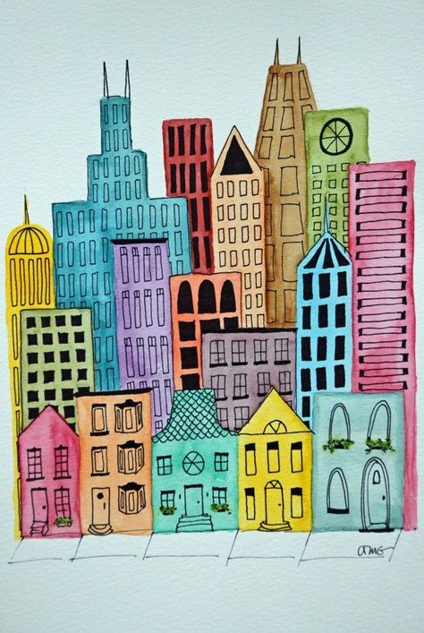 City Scape Drawing, Overlapping Art, Collaborative Painting, Cityscape Mural, City Craft, City Landscapes, City Scapes, 4th Grade Art, 5th Grade Art