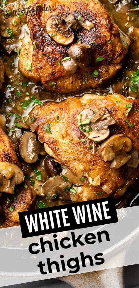 Roasted Chicken With Red Wine Sauce, Chicken Thigh Recipes White Wine, Skillet Chicken Thighs With White Wine Butter Sauce, Chicken White Wine Mushrooms, Christmas Chicken Thighs, Chicken White Wine Recipes, Chicken Thigh And Legs Recipes, Italian Chicken Thigh Recipes, Chicken Thighs And Legs Recipes