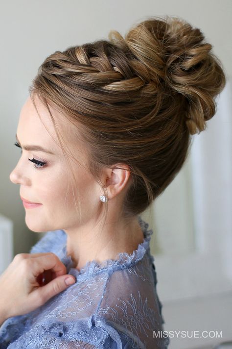 Fishtail French Braid High Bun – OBSiGeN High Updo Wedding Bridesmaid, Wedding Hairstyles Updo Long Hair, Updo With French Braid, High Bun Hairstyles Wedding Classy, Elegant Updos For Medium Length Hair, Easy Braid Updos For Long Hair, Dance Picture Hairstyles, High Braided Bun, Bun Hairstyles High